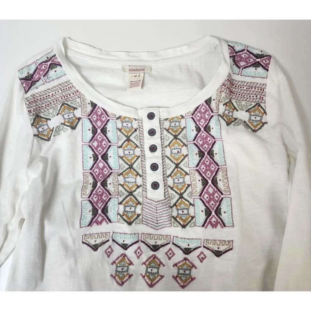 Sundance Henley Top Women's M Embroidered Beaded Ivory Artisan Boho